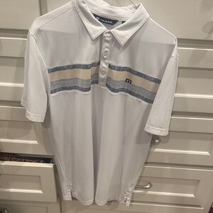Travis Mathew White Polo with Blue and Tan Stripes